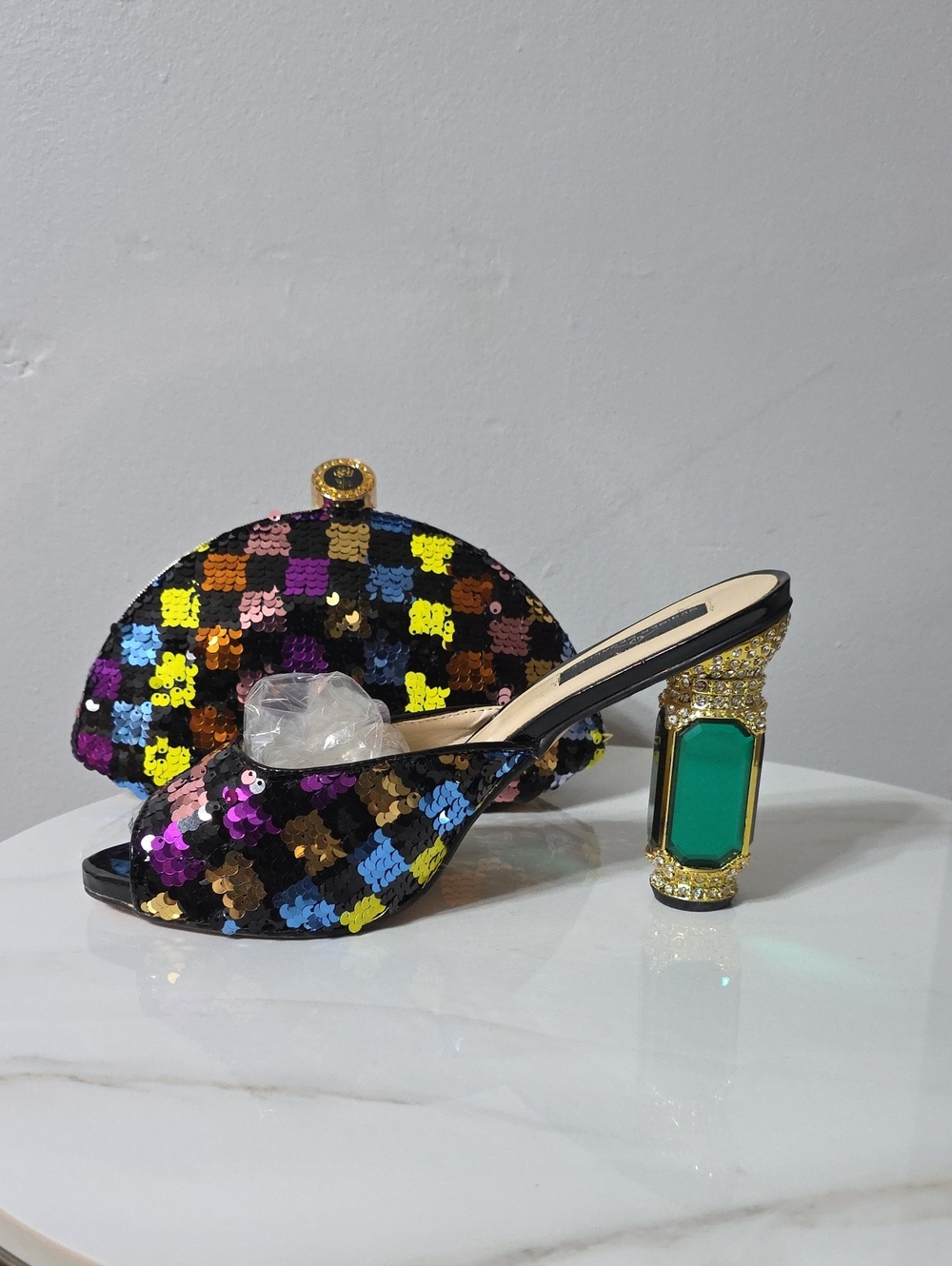 Multicolor Sequin Block Heel Mule with Emerald Accent